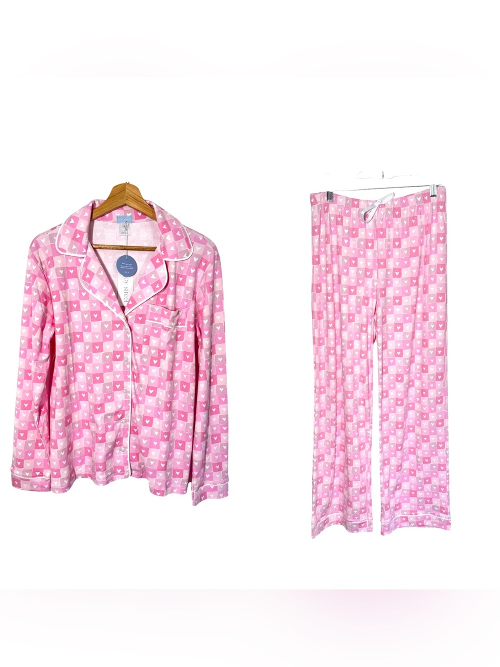 Joy Street Block Hearts Pink Long Pajama Set Top Pants Women’s S NEW! Cotton